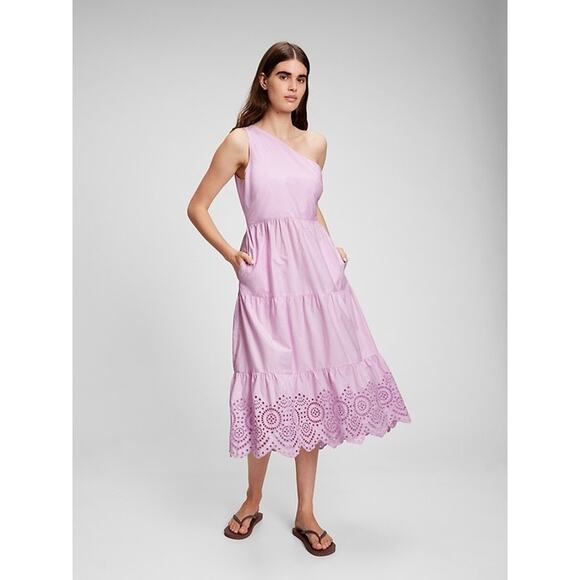 GAP Dresses & Skirts - Gap Sz 14 NWT One Shoulder Midi Dress Eyelet Trim Lavender Tiered Flowy Cotton